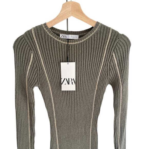 ZARA RIBBED KNIT PIPED STRETCH LONG SLEEVE MIDI DRESS KHAKI - Picture 12 of 13
